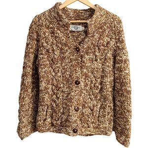 Sweater Venture Cardigan- Button Front hand knit, Size S, Tan/Brown/Black, VTG